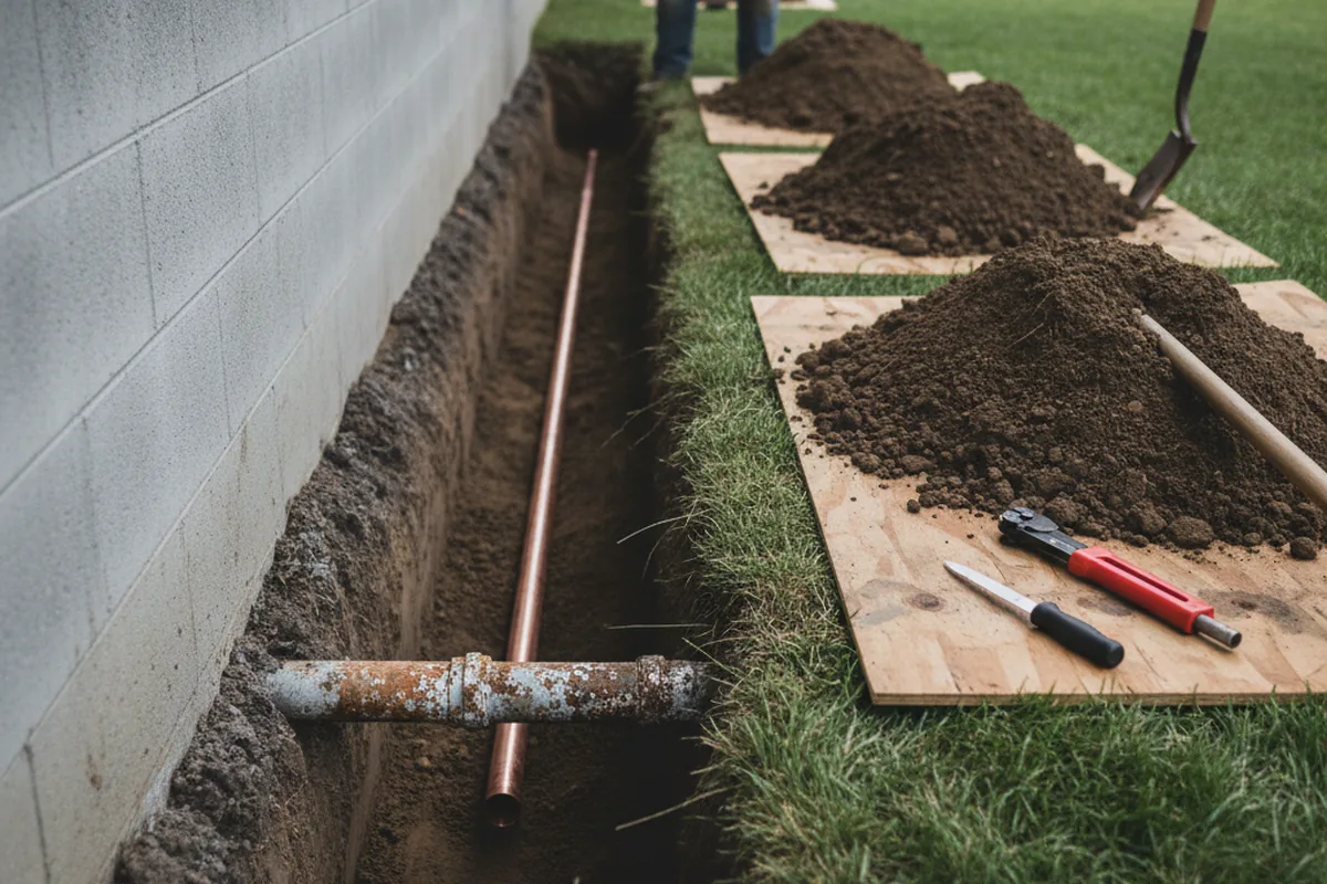 Excavated water line trench during Water Heater Repair in Kernersville
